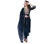 Sanisa Women's Chinnon Silk & Organza Sequence and Embroidery Work Straight Kurta with Trousers and Dupatta Set, navy, 3XL