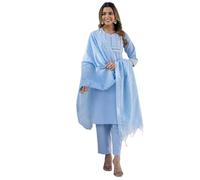 Sanisa Women's Cotton Embroidery and Mirror Work Straight Kurta with Pant and Dupatta Set, Sky Blue, S