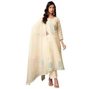 Sanisa Women's Cotton Jacquard Work Straight Kurta with Pant and Dupatta Set, Cream & Terquoise10, M