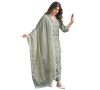 Sanisa Women's Rayon Blend Floral Printed Straight Kurta with Pant and Dupatta Set, Tea Green & White, M