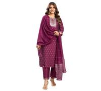 Sanisa Women's Silk Blend Jacquard & Sequin Embroidery Straight Kurta with Trousers and Dupatta Set, Dark Magenta and Gold, L