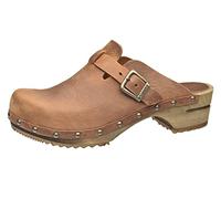 Sanita Kristel Open Clog | Original Handmade | Leather Wooden Clogs for Women | Sustainable Sole, Brown, 8 UK