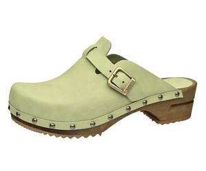 Sanita Kristel Open Clog | Original Handmade | Leather Wooden Clogs for Women | Sustainable Sole, Leaf Green, 6 UK