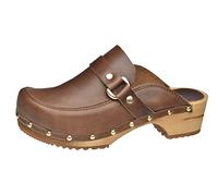 Sanita Lillen Mule Clog | Original Handmade Wooden Leather Clog for Women | Sustainable Sole | Brown | 6.5 UK