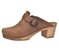 Sanita Malulo Mule Clog | Original Handmade Wooden Leather Clog for Women | Adjustable Strap | Sustainable Materials | Brown | 7.5 UK