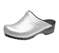 Sanita Sonja PU Open Clog Original Handmade Flexible Leather Clogs for Women, Silver, 4 UK
