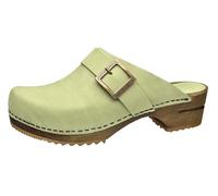 Sanita Urban Open Clog | Original Handmade | Leather Wooden Clogs for Women | Sustainable Materials, Leaf Green, 7 UK
