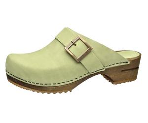 Sanita Urban Open Clog | Original Handmade | Leather Wooden Clogs for Women | Sustainable Materials, Leaf Green, 8.5 UK