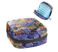 Sanitary Napkin Storage Bag, Period Bag for School Teen Girls, Hydrangea Flower with Butterflies, Portable Period Pouch with Zipper, Sanitary Pads Bag Tampons Holder for Purse