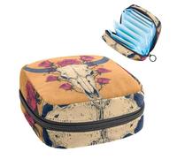 Sanitary Napkin Storage Bag, Retro Western Vintage Cow Skull with Rose Portable Menstrual Pad Bag, Panty Liners Tampons Sanitary Pads Storage Holder for Women School Office