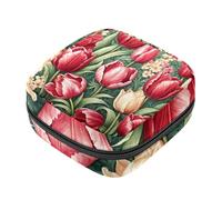 Sanitary Napkin Storage Bags, Red White Tulip Pattern Menstrual Pad Bag Oxford Cloth Menstrual Cup Pouches Nursing Pad Tampon Period Bags with Zipper for Teen Girls Women Ladies
