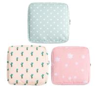 Sanitary Pad Storage Bag, Three Piece Set with Pink Leaf, White Cactus and Green Polka Dot Designs, Compact Period Pouch for Purse Organisation, Discreet Tampon Holder.