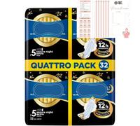 Sanitary Towels Quattro Pack with Always Ultra Secure Night Extra (Size 5) 32 Pads Bundle with Fancy Labels Period Tracker | Comfort, Protection, Thin and Discreet