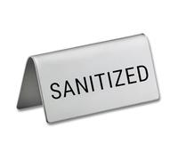 Sanitized Stainless Steel Metal Table Tent Sign - 3" x 1-1/2" - Table Top Setting for Restaurants, Catering Businesses, Business. Great for Wedding, Banquet, Buffet, Party, Events. To Label Sanitized