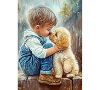 Sanjee Dog and Boy Diamond Painting Kits for Adults, Animal Diamond Art Kits for Beginner, Diamond Dots Paintings 5D DIY Round Full Gem Art Crafts for Home Wall Decor Gift, 12 × 16 Inches