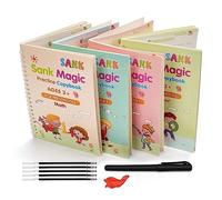 Sank Magic Practice Copybook, (4 Books + 10 REFILL+1 Pen +1 Grip) Number Tracing Book for Preschoolers with Pen, Magic Calligraphy Copybook Set Practical Reusable Writing Tool Simple Hand Lettering