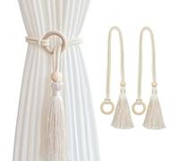 SanKristo 2 Pack Natural Cotton Rope Curtain Tiebacks, Adjustable Boho Curtain Holdbacks with Tassel Pendant, Hand-Woven Holder Curtain Ties with Fixed Circle Buckle for Home Bedroom (Beige)