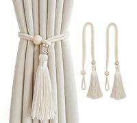 SanKristo 2 Pack Natural Cotton Rope Curtain Tiebacks, Boho Curtain Holdbacks with Adjustable Crystal Buckle, Hand-Woven Holder Curtain Ties with Tassel Pendant for Home Bedroom (Beige)