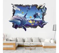SanKristo 3D Fake Window Ocean Wall Decals, Self Adhesive Wallpaper Ocean World Dolphin Fish Turtle Seaweed Broken Wall Stickers, for Boys Girls Kids Bedroom Living Room Bathroom Wall Decor