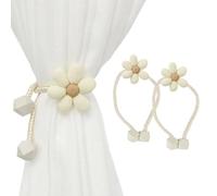 SanKristo Curtain Tiebacks 2 Pieces, Magnetic Suction No Punching Adjustable Length with Flower Decoration, Hand-Woven Rope Curtain Ties Tie-Backs Accessories Beige