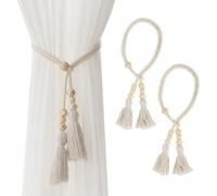 SanKristo Curtain Tiebacks 2 Pieces, Two Ways of Binding Boho Tassel Curtain Cord No Punching Adjustable Length with Wooden Cube Decoration, Hand-Woven Rope Curtain Ties Tie-Backs Accessories Beige