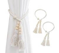 SanKristo Curtain Tiebacks 2 Pieces, Two Ways of Binding Boho Tassel Curtain Cord No Punching Adjustable Length with Wooden Bead Decoration, Hand-Woven Rope Curtain Ties Tie-Backs Accessories Beige