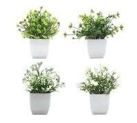 SanKristo Pack of 4 Artificial Plants in Pot, Height 16cm Small Faux Plant Edelweiss, Milfoil, Yarrow, Daisy, Indoor and Outdoor Mini Fake Plants for Bedroom, Balcony, Office, Bathroom Decoration