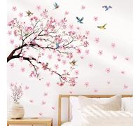 SanKristo Peach Blossom Branch Bird Wall Stickers, Pink Flower Birds Wallpaper Bedroom Living Room Sofa TV Background Wall Decor, Self Adhesive Pink Floral Wall Art Plant Wall Murals