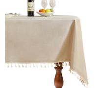 SANLEHAUSE Rectangular Linen Tablecloth, 140 x 240 cm, Beige with Tassel, for Kitchens, Dining Tables, Living Rooms and Outdoor