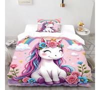 SanLiLLohKi Pink Pegasus Bedding Set 3D Design Animal Themes Wildlife Duvet Cover Set Microfiber Quilt Cover Suitable for Family,couple,children Pillowcase Single（135x200cm）
