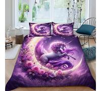 SanLiLLohKi Unicorn Crescent 3 Pieces Duvet Cover,3D Printed Vivid MythicBeastMoon Bedding Set,2 Pillowcases,Hidden Zipper,Microfiber Quilt Cover,King（220x240cm）