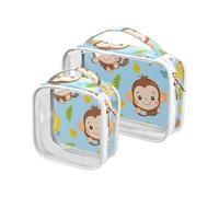 sanluoli 2 Pack clear Cute Monkey and Bananas Glory Blue hanging travel toiletry TSA approved transparent clear makeup bag Airport Airline Compliant, cute monkey and bananas glory blue, cute monkey