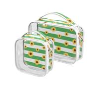 sanluoli 2 Pack clear Green White Striped Sunflower toiletry bag large TSA approved transparent makeup bag small shaving essentials, Green white striped sunflower, Green white striped sunflower