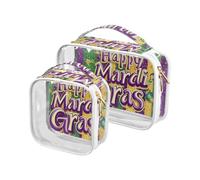 sanluoli 2 Pack clear Mardi Gras Carnival Purple Green toiletry hanging bag TSA approved water-resistant makeup travel bag Airport Airline Compliant, Mardi Gras carnival purple green