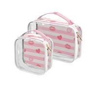 sanluoli 2 Pack clear Pink White Stripes Heart Lip Love makeup bags for women TSA approved transparent makeup organizer bag Men’s shaving kit, pink white stripes heart lip love, pink white stripes