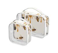 sanluoli 2 Pack clear toiletry bag small TSA approved reusable bag travel cosmetic Airport Airline Compliant, Honeycomb background with bees and daisies
