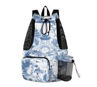 sanluoli Aesthetic Chinese Architecture Blue Drawstring Backpack For Swim Gym Swim Bag With Inside Pockets Dry Wet Separation