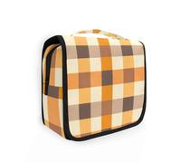 sanluoli Blue Checkered Pattern hanging travel makeup bag for women with hook, designer cute hanging makeup bag for travel accessories trip, Gingham brown Steel yellow