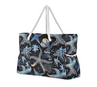 sanluoli Blue Glitter Starfish Shell Sturdy Personal Item Travel Bag with side pocketes Women Tote Bag Perfect for Travel Pool Swim Beach Vacation Necessities