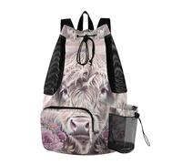sanluoli Boho Scotland Cow Peach Beach Backpack Drawstring String Back Pack With Pockets Waterproof