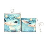sanluoli Cartoon Cute Cow Blue Clear Plastic storage containers with lid Bathroom Essentials Decorative Dental floss storage jar for Cotton Swabs,Cotton Pads,Floss Picks,Paper Clips,s 2 Pack