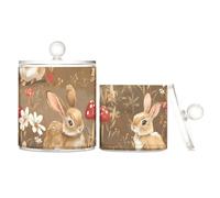sanluoli Cartoon Cute Rabbits Brown Clear Plastic Makeup Organizer Storage with lid Bathroom Essentials Decorative storage bin for Cotton Swabs,Cotton Pads,Floss Picks,Paper Clips,s 2 Pack
