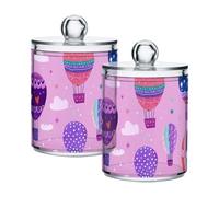 sanluoli Cartoon Purple Hot Air Balloon Clear Plastic storage organizer with lid Bathroom Essentials Decorative storage bin for Cotton Swabs,Cotton Pads,Floss Picks,Paper Clips,Hair Clips 2 Pack