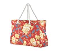 sanluoli Chinese Style Elegant Flowers Red Portable Tote Bags Women with side pocketes Weekender Overnight Perfect for Travel Pool Swim Beach Vacation Necessities