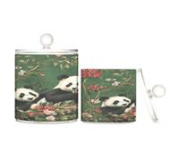sanluoli Cute Chinese Pandas Red Flowers Green Clear Plastic bins for storage with lid Pantry Essentials Decorative storage bins for Cotton Swabs,Cotton Pads,Floss Picks,Paper Clips,s 2 Pack