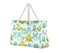sanluoli Cute Little Monsters Green Yellow Portable Shoulder Tote Bag with side pocketes Weekender Travel Bag with cup holders on the side