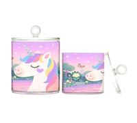 sanluoli Dreamy Cute Unicorns Clear Plastic storage boxes with lid Office Essentials Decorative Dental floss storage jar for Cotton Swabs,Cotton Pads,Floss Picks,Paper Clips,s 2 Pack