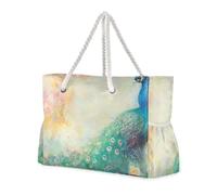 sanluoli Dreamy Pastel Green Peacork Portable Tote Bag For Women with side pocketes Large Beach Bags with cup holders on the side