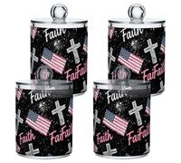 sanluoli Faith Flag 4th Of July Black Clear Plastic Food Organizer Storage with lid Bathroom Essentials Decorative storage bin for Cotton Swabs,Cotton Pads,Floss Picks,Paper Clips,Hair Clips 4 Pack