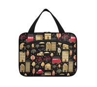 sanluoli Golden Red Buildings Cars Black hangingarge travel toiletry bag with hook, designer fashion cosmetic organizer for dad bathroom estuche para maquillaje, golden red buildings cars black